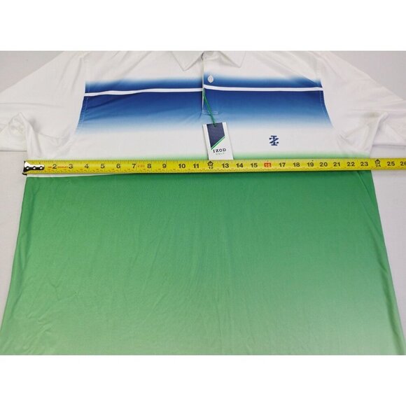 Izod Golf Stretch Size Large Mens White Green Blue Colorblock UPF-15 Polo NWT - Picture 3 of 11